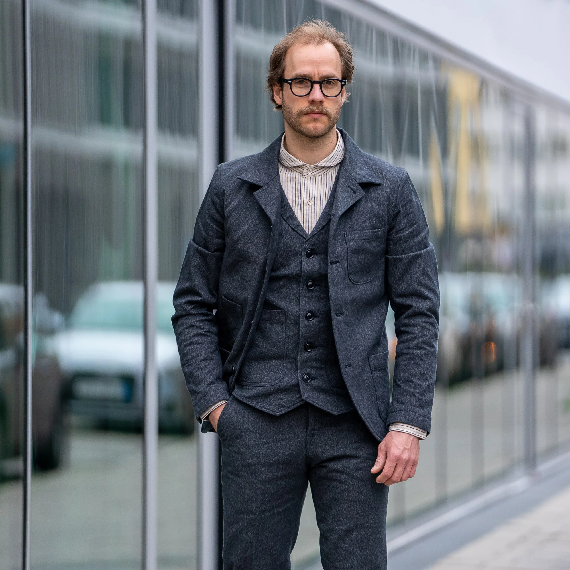 Orgueil OR-5007E Shawl Collar Shirt - Indigo Striped - Image 5