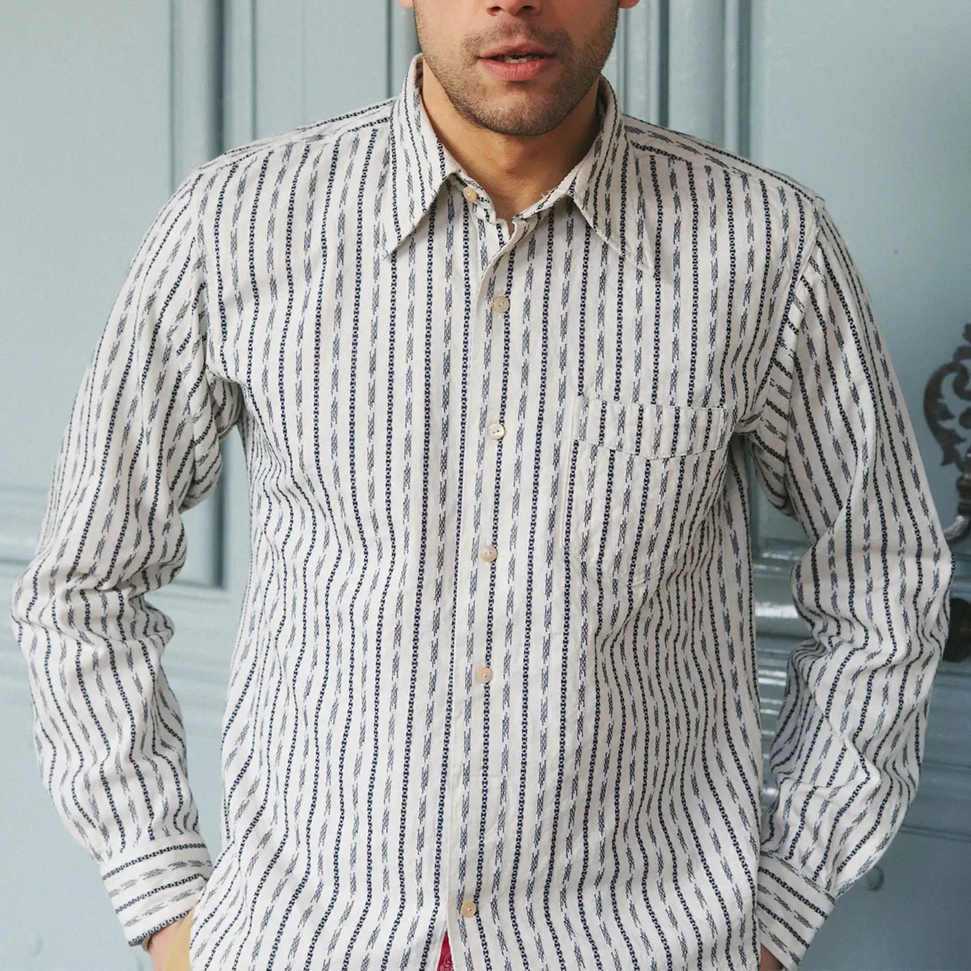 Prequel 7oz ‘Long Point’ Jacquard Shirt – Natural / Navy - Image 9