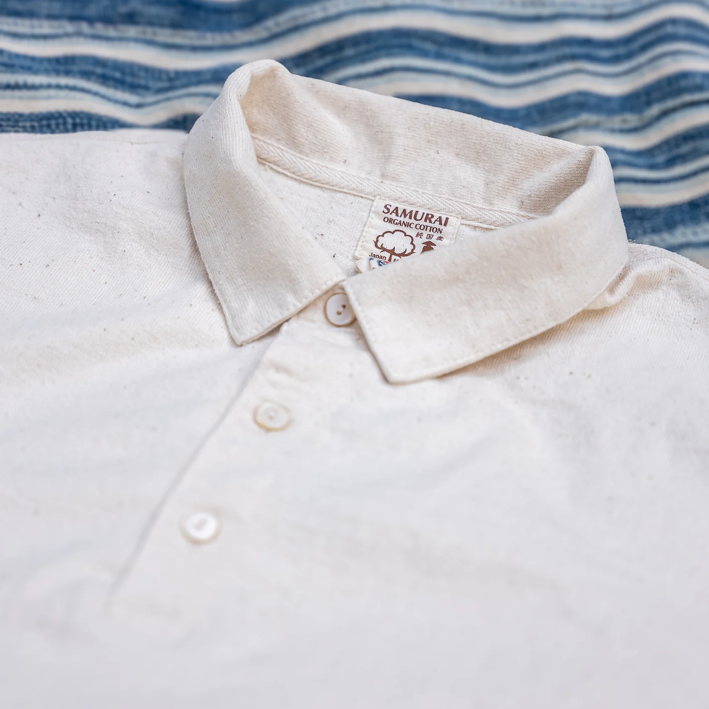 Samurai Jeans 16oz ‘Japanese Cotton’ Slub Yarn Polo Shirt – Kinari / Natural Ecru - Image 2