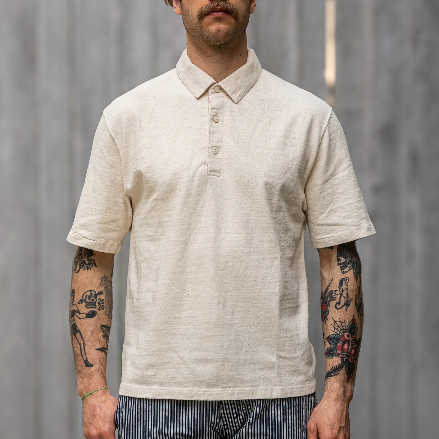 Samurai Jeans 16oz ‘Japanese Cotton’ Slub Yarn Polo Shirt – Kinari / Natural Ecru - Image 5
