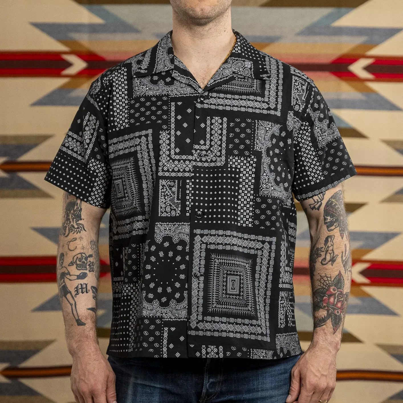 Sugar Cane Bandana Patchwork Camp Collar Shirt - Black