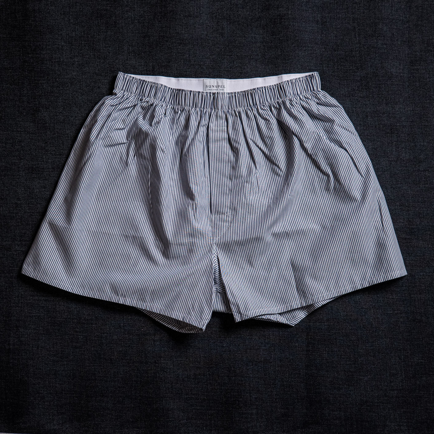 Sunspel Woven Boxer Shorts – Navy Pinstripe - Image 3